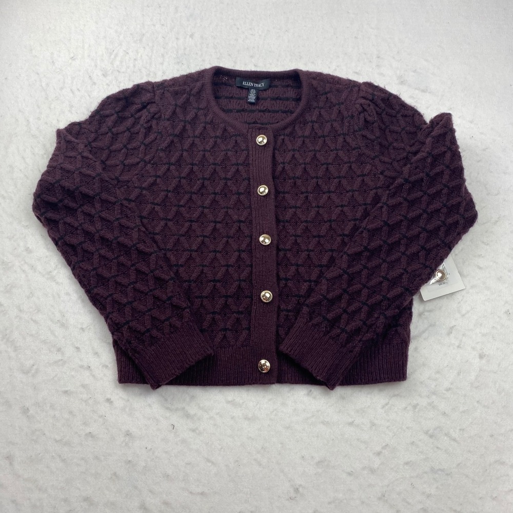 Ellen Tracy Burgundy Black Textured Knit Cropped Cardigan Sweater Women S Preppy